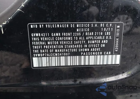 2012 Volkswagen Jetta 2.5L Se z USA, uszkodzony, nr VIN 3VWDP7AJ2CM341007